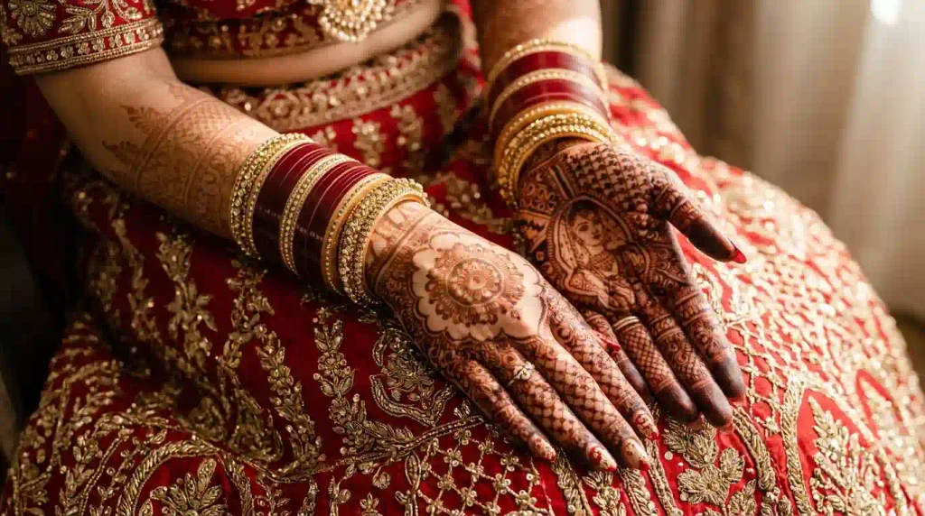 Beautiful bridal mehndi designs with full-hand floral patterns, Raja-Rani motifs, paisleys, and traditional wedding henna