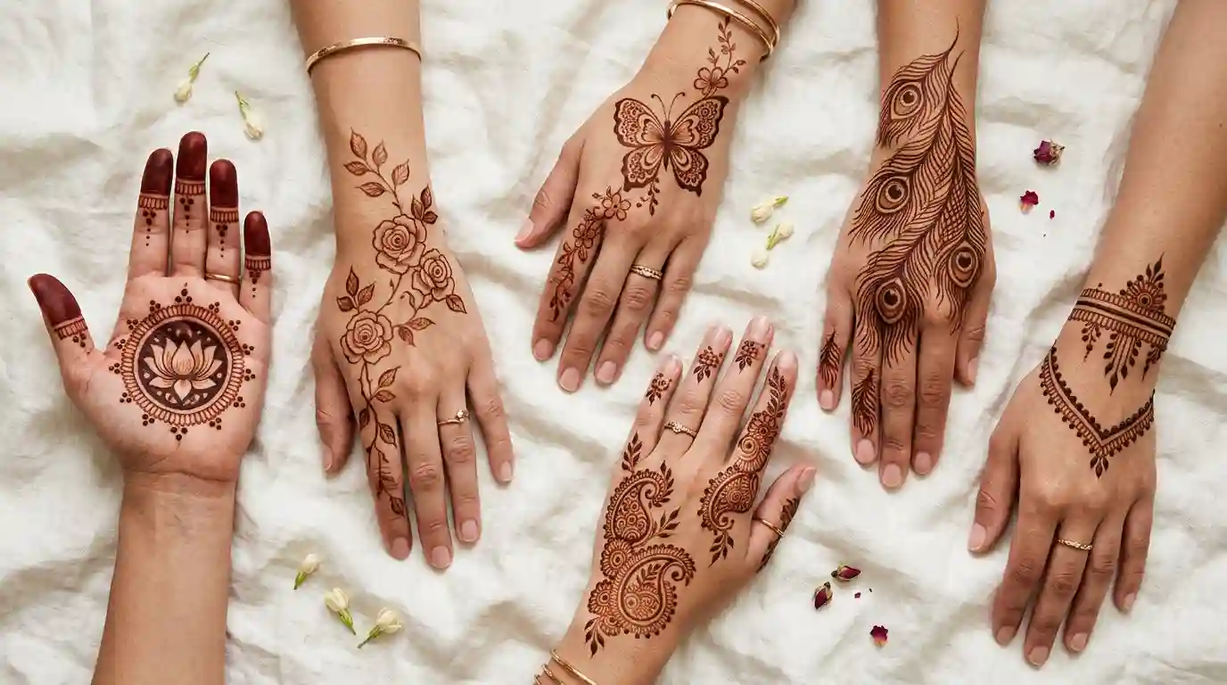 Beautiful mehndi design motifs featuring roses, lotus flowers, butterflies, peacocks, paisleys, and jewelry-inspired henna