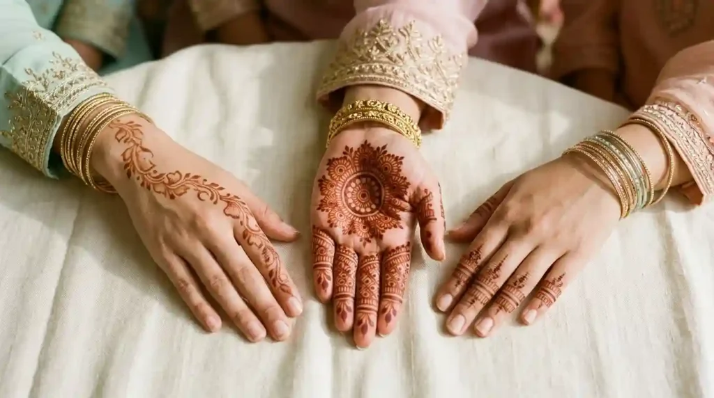 Beautiful mehndi designs for Eid and festivals featuring Arabic floral vines, traditional mandalas, and simple hand henna