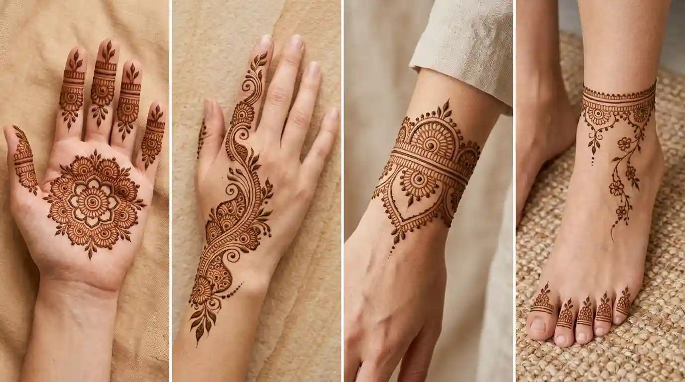 Beautiful mehndi designs for palms, front hands, back hands, fingers, wrists, feet, and ankles