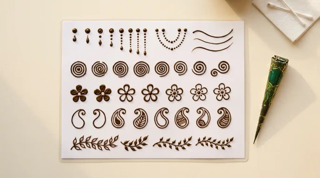 Beginner mehndi design practice showing simple flowers, leaves, dots, spirals, paisleys, and curved henna lines