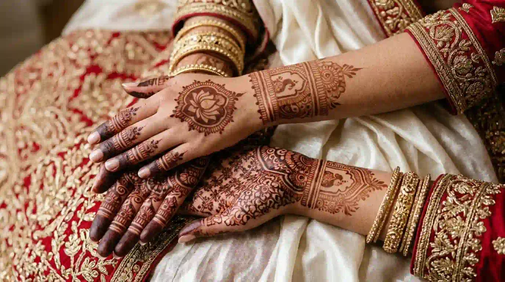 Beginner mehndi design tutorial showing a central flower, connecting leafy vines, and decorative dots