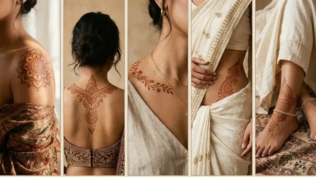 Body mehndi designs for shoulders, neck, back, waist, hips, and ankles featuring floral and ornamental henna patterns