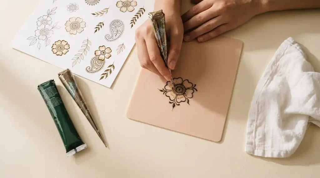 Body mehndi preparation with henna cone, practice patterns, ingredient information, and a simple floral design