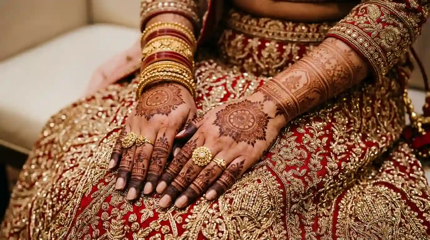 Bridal mehndi designs for women featuring full-hand floral patterns, royal motifs, paisleys, and personalized wedding henna