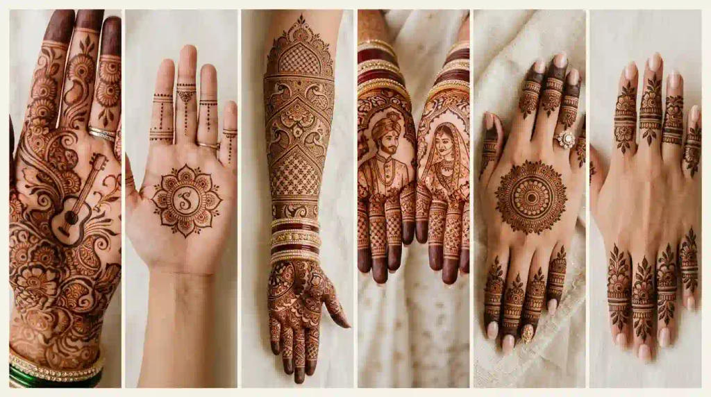 Celebrity-inspired bridal mehndi designs with guitar motif, personalized mandala, portrait henna, and traditional full-hand patterns