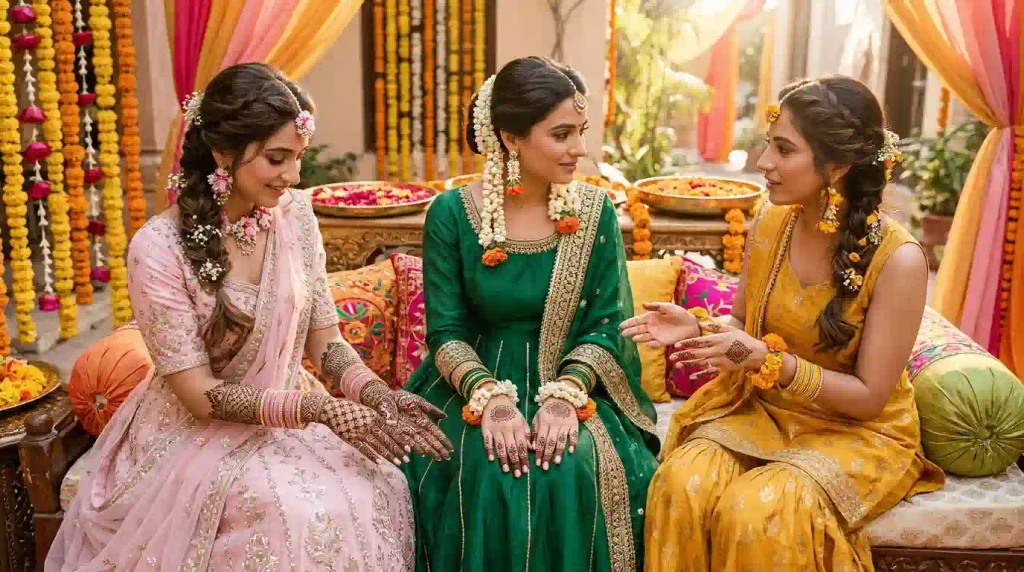 Celebrity-inspired mehndi ceremony looks featuring bridal henna, colorful lehengas, elegant jewelry, and traditional hairstyles