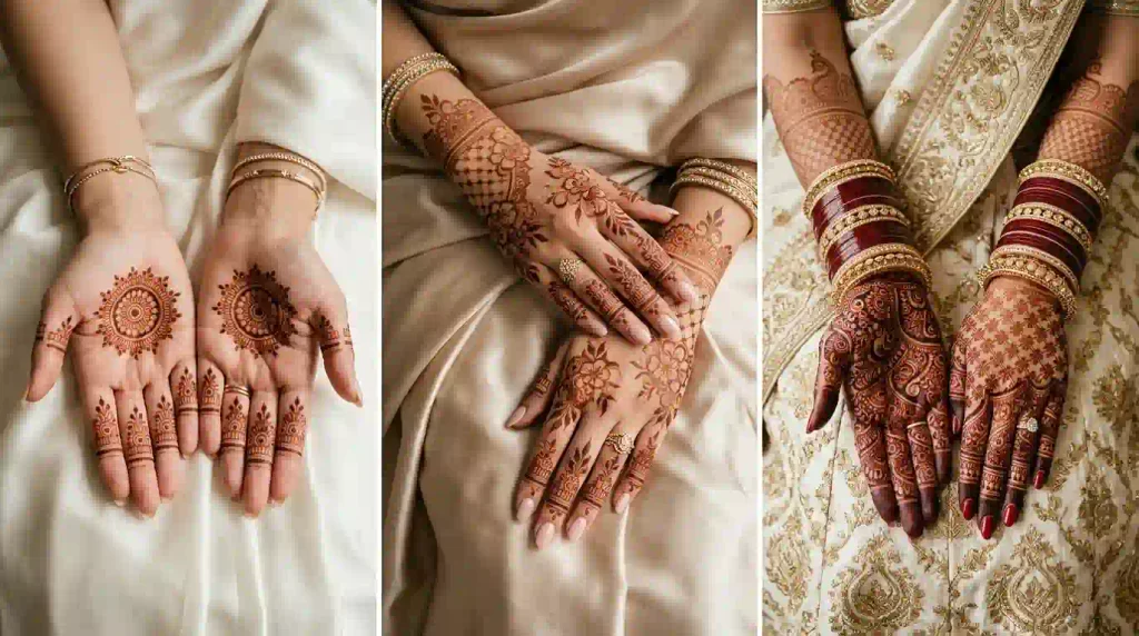 Celebrity mehndi designs compared by minimalist, medium, and full-hand bridal coverage