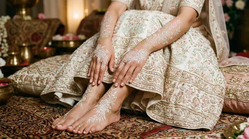Colored bridal mehndi designs for hands, forearms, feet, and ankles with white flowers and pastel decorative patterns