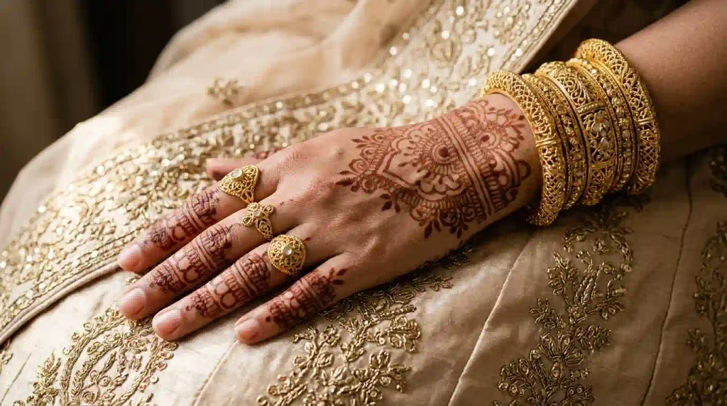 Colored mehndi application using cosmetic body paints, white floral patterns, and professional decorative skin-art tools