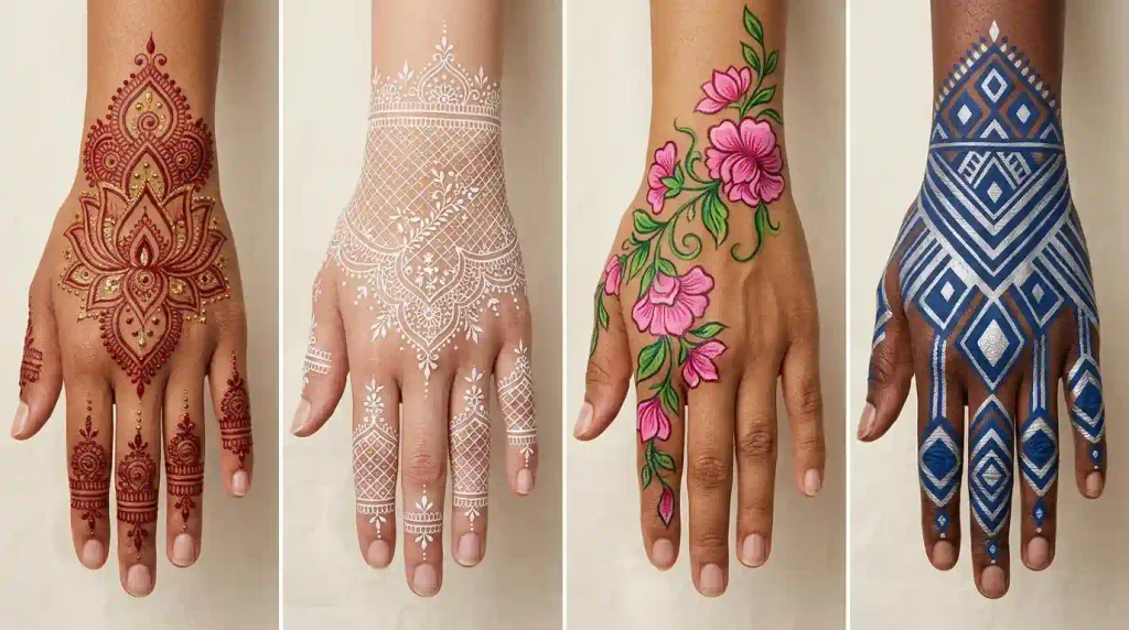 Colored mehndi designs in Indian, Pakistani, Arabic, and Moroccan styles using red, gold, white, pink, green, and blue patterns