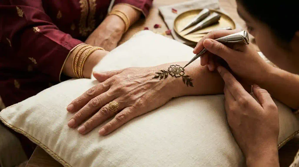Comfortable mehndi application for an older woman using a fine-tip cone to create a simple floral wrist design