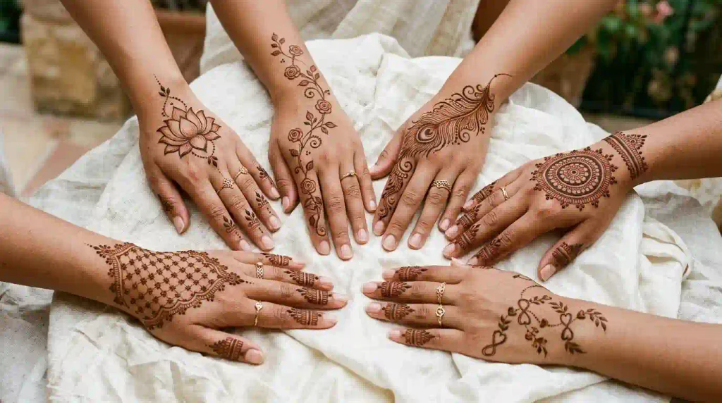 Creative mehndi motifs featuring lotus flowers, roses, peacocks, mandalas, lace patterns, hearts, and infinity symbols