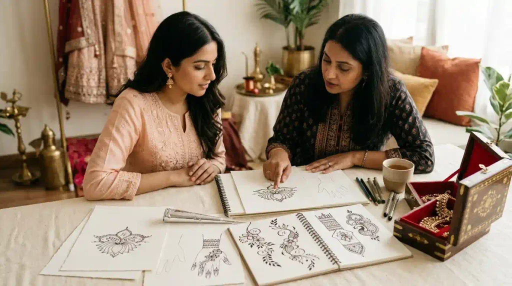Custom unique mehndi design planning with floral sketches, mandalas, geometric borders, peacock motifs, and bridal inspiration