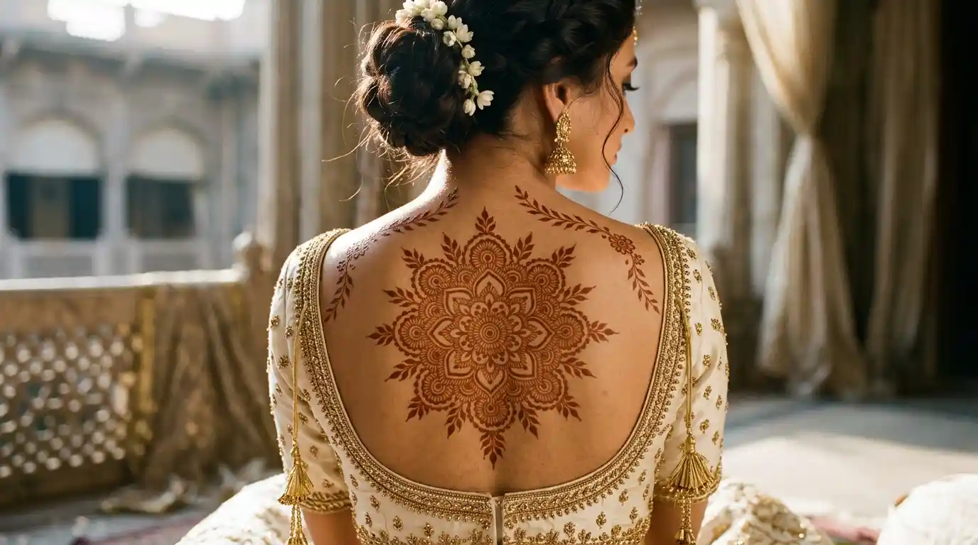 Elegant bridal body mehndi design with floral upper-back mandala and delicate shoulder vines matching a low-back outfit