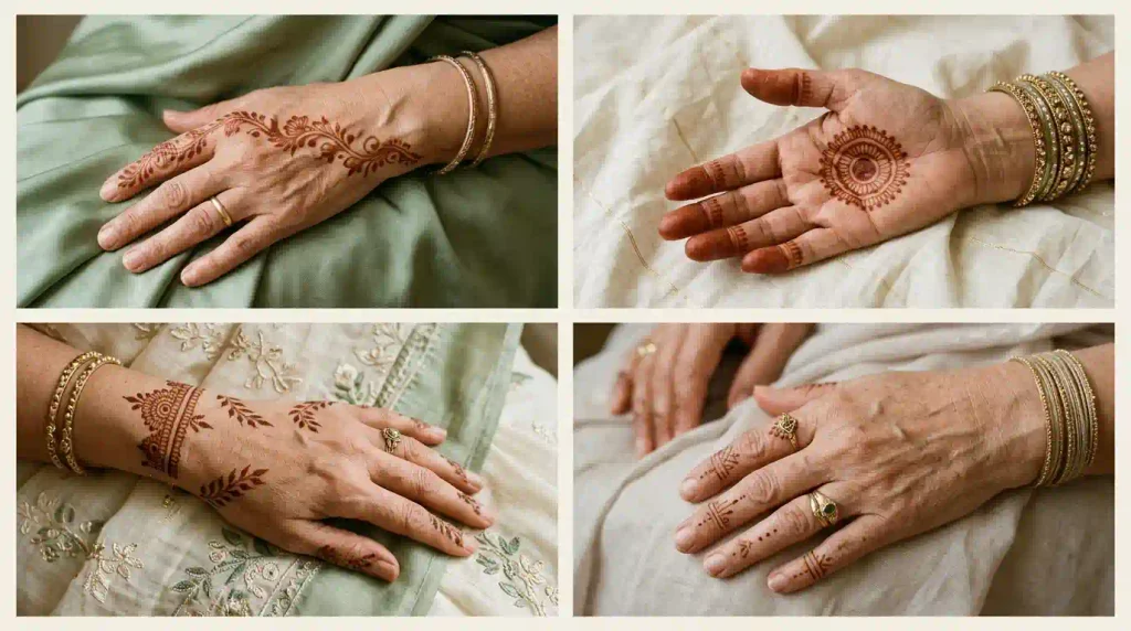 Elegant mehndi designs for mature hands featuring Arabic flowers, round tikki, bracelet patterns, and finger henna