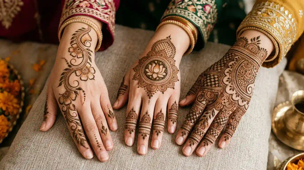 Festive mehndi designs for Eid, Diwali, and Karwa Chauth featuring Arabic flowers, lotus mandalas, and traditional paisley henna