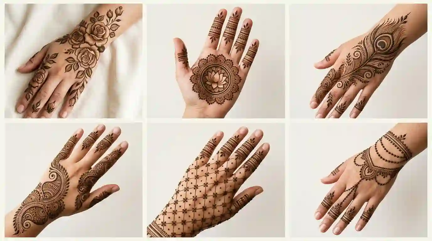 Floral, lotus, peacock, paisley, mandala, geometric, and jewelry-inspired mehndi motifs for women