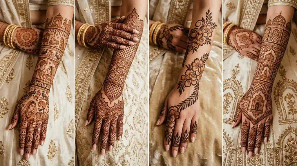 Heavy bridal mehndi styles featuring Rajasthani, Pakistani, Arabic, and Mughal-inspired royal henna patterns