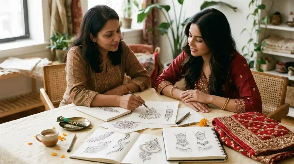 Heavy mehndi design planning with bridal palm sketches, floral motifs, forearm patterns, and coordinated henna ideas