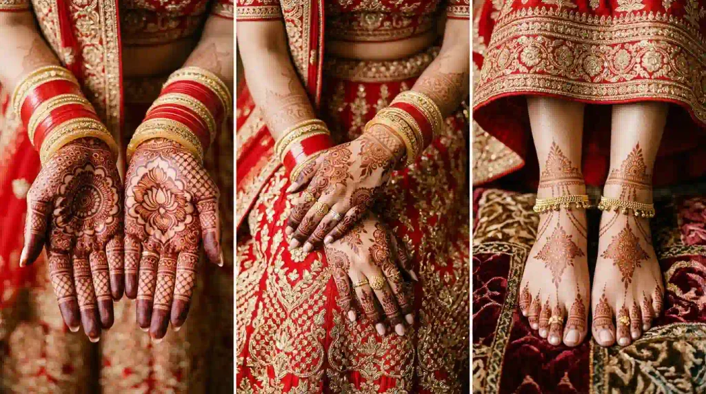 Heavy mehndi designs for front hands, back hands, forearms, and bridal feet with full coverage and rich traditional patterns