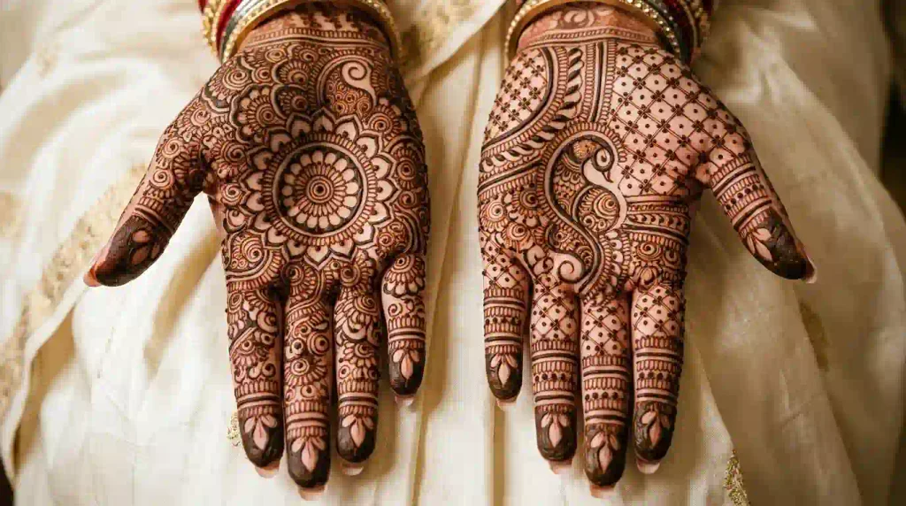 Heavy mehndi motifs featuring royal lotus flowers, peacocks, paisleys, mandalas, and intricate jaal patterns