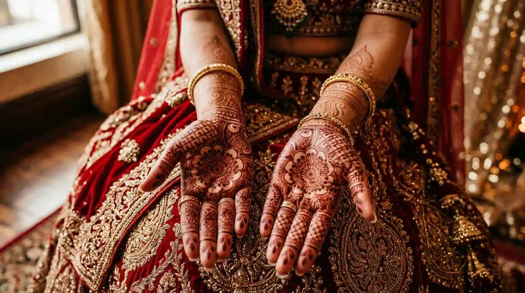 Intricate Indian and Pakistani bridal mehndi designs featuring full-hand floral, paisley, mandala, and jaali wedding henna