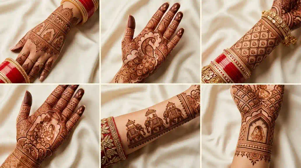 Intricate bridal mehndi ideas featuring palace arches, peacocks, lotus jaal, traditional figures, elephants, and jharokha motifs