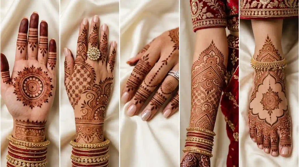  Intricate mehndi designs for palms, back hands, fingers, forearms, and bridal feet with delicate ornamental patterns
