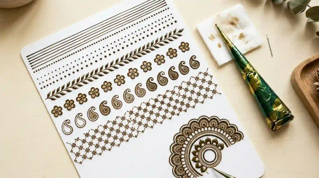  Intricate mehndi practice featuring fine henna lines, miniature leaves, floral patterns, paisleys, dots, and lace grids