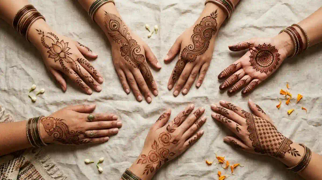 Mehndi design motifs including lotus flowers, peacock feathers, paisley, mandala, roses, and jaali patterns
