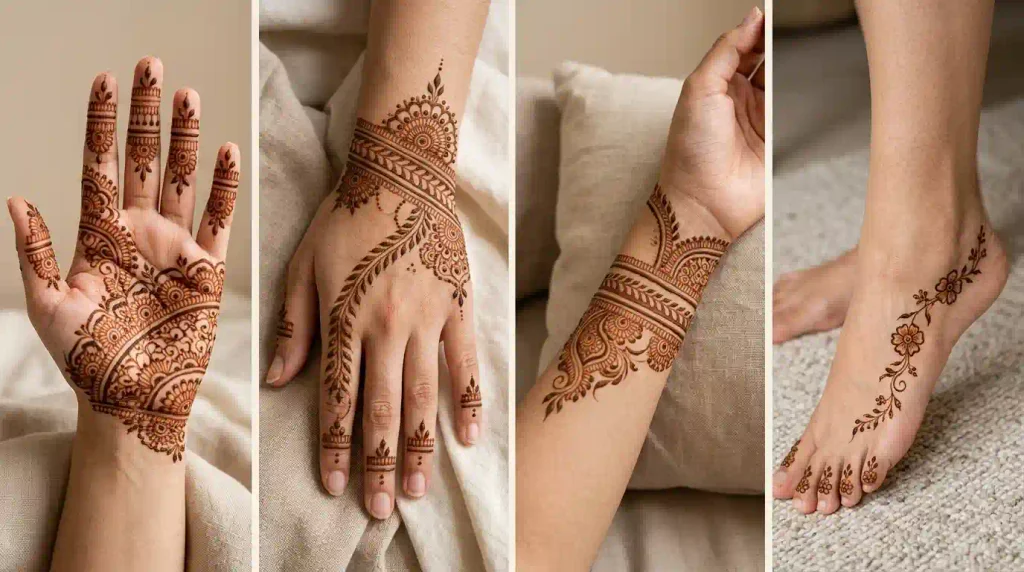 Mehndi designs for front hands, back hands, wrists, forearms, feet, and ankles with floral and traditional patterns