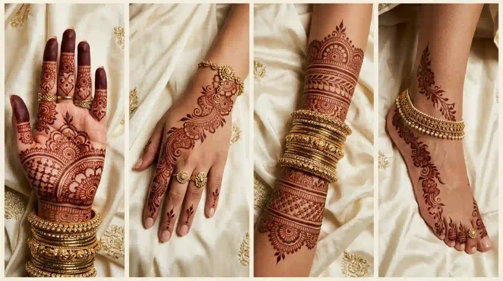 Mehndi designs for women on palms, back hands, fingers, wrists, forearms, feet, and ankles
