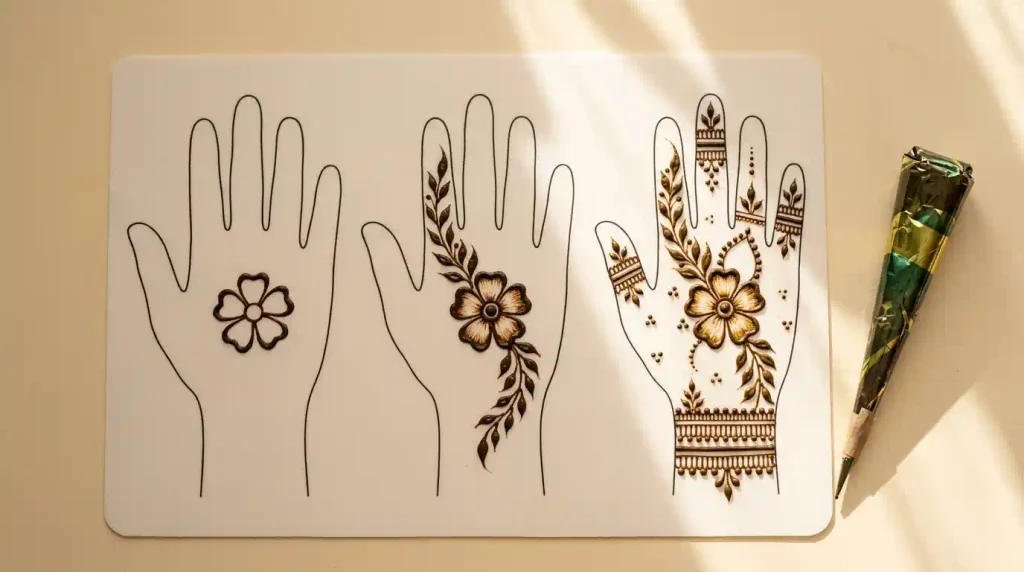 Mehndi pattern glossary showing jaal, bel vines, tikki mandalas, decorative borders, and filler motifs