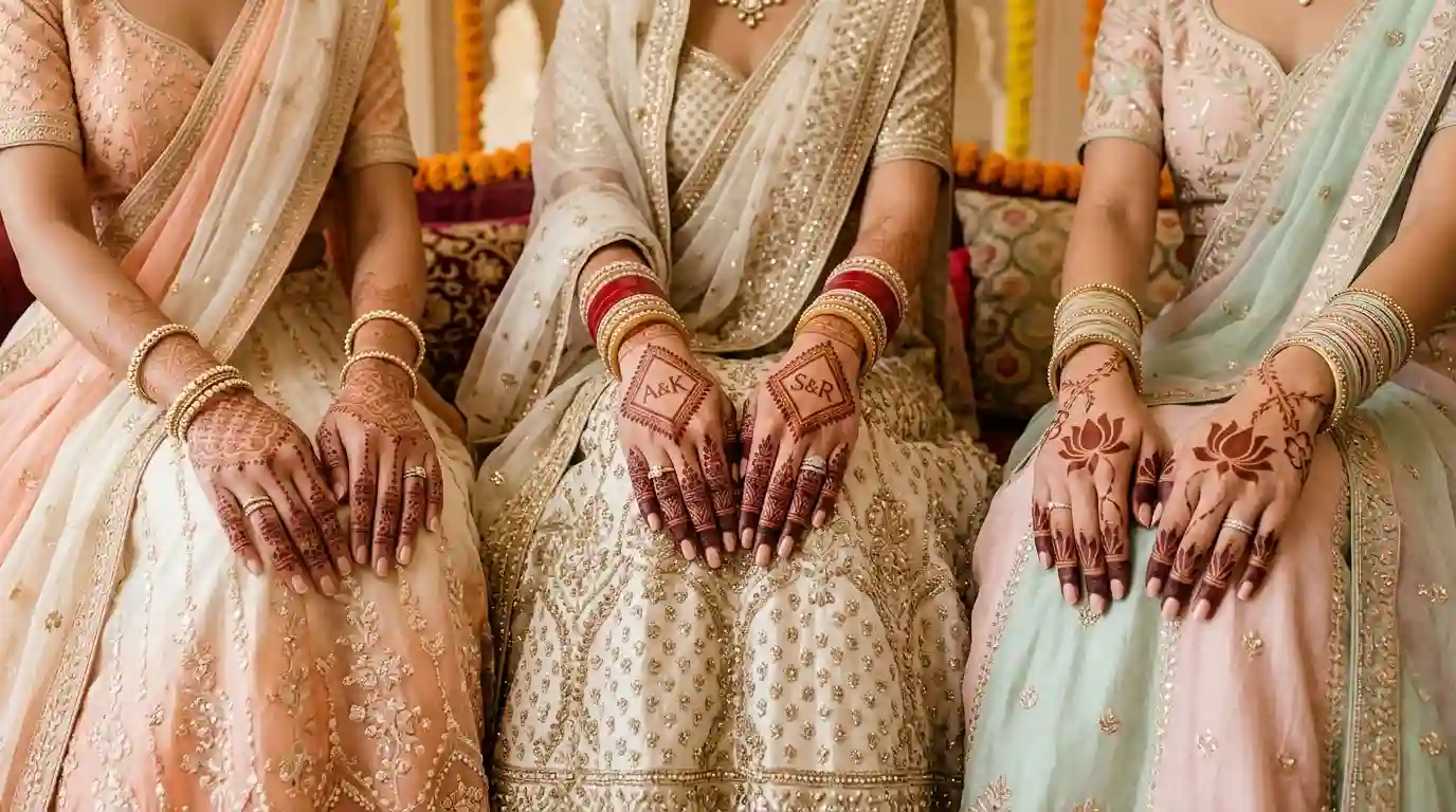 Modern bridal mehndi designs featuring delicate floral lace, personalized monograms, geometric frames, and elegant half-hand henna