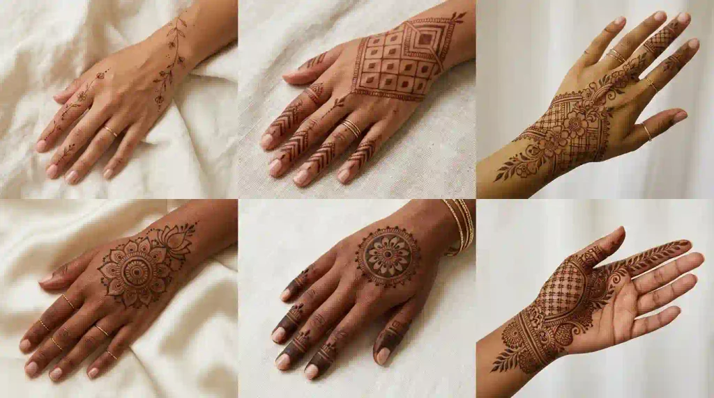 Modern mehndi designs featuring minimalist flowers, geometric shapes, Arabic fusion, lotus mandalas, and half-hand patterns