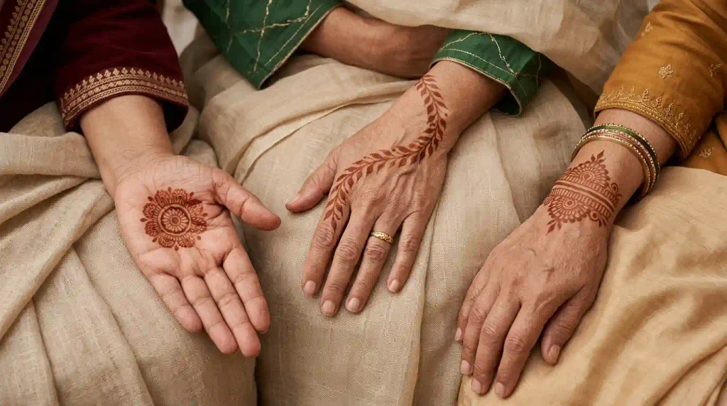 Palm, back-hand, and wrist mehndi designs for older women featuring elegant flowers, mandalas, and leafy vines