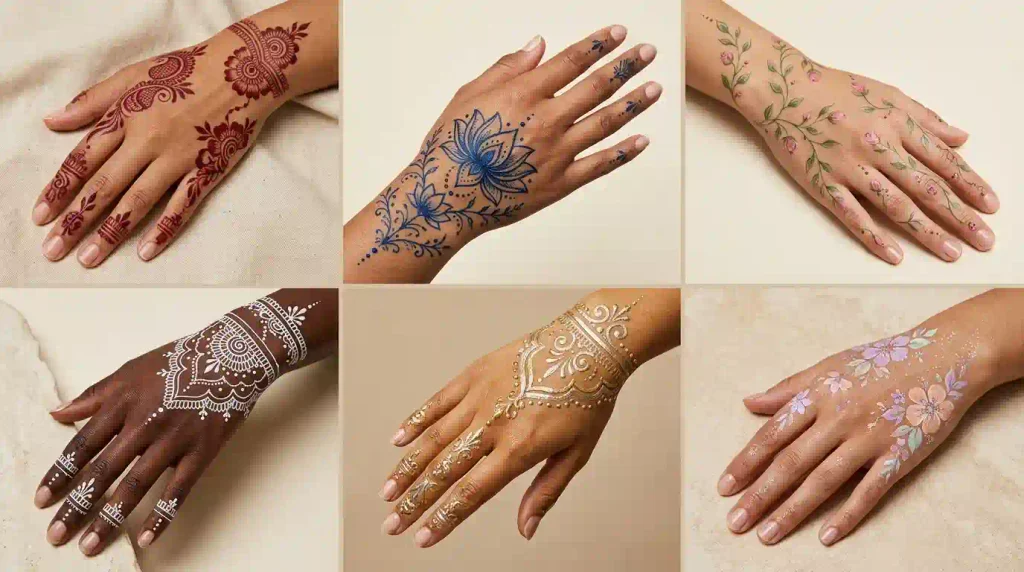 Red, blue, pink, green, white, gold, and glitter colored mehndi designs for elegant hand decoration