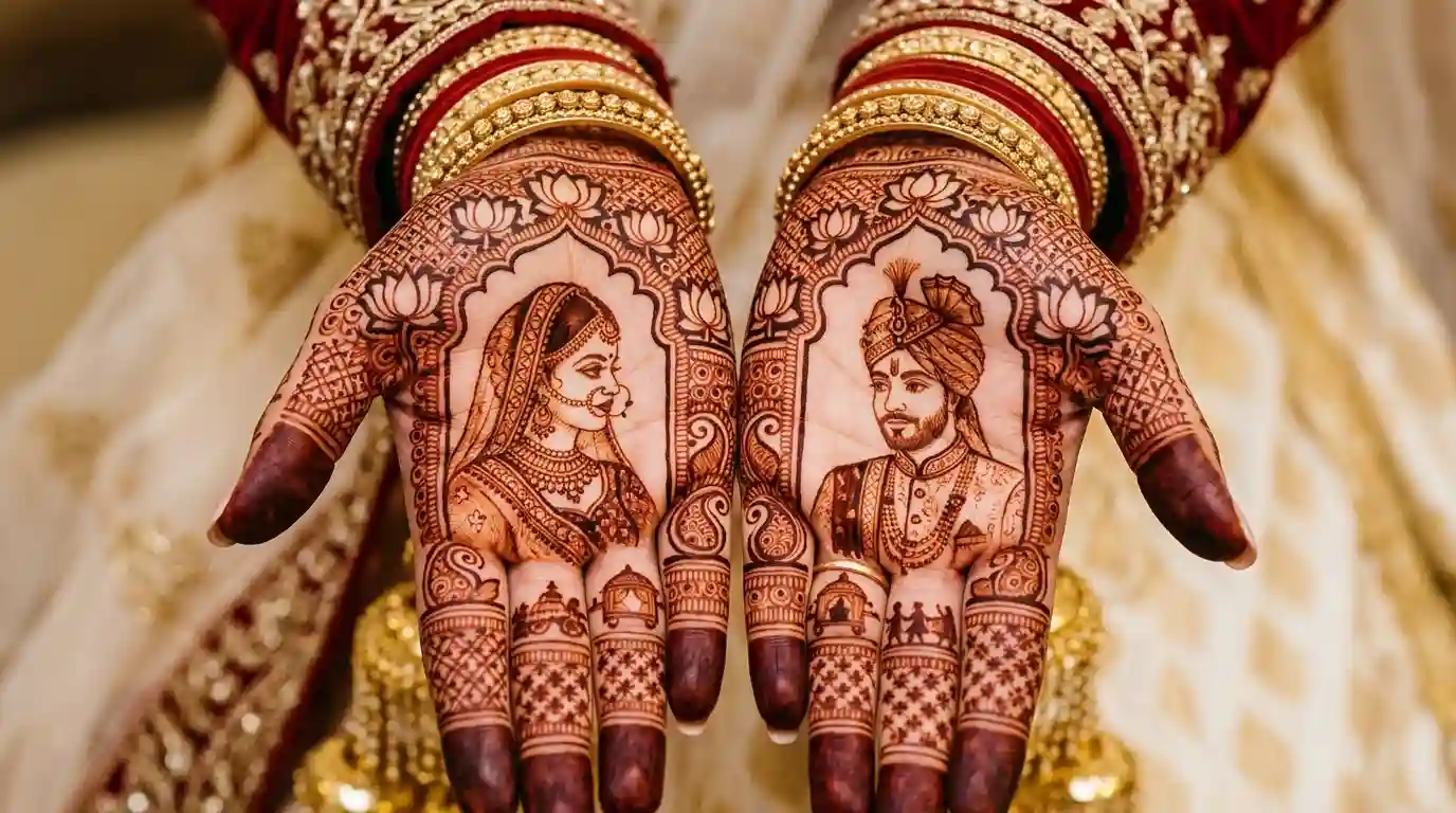 Royal heavy mehndi designs with dulha-dulhan portraits, Mughal arches, floral borders, and traditional bridal patterns