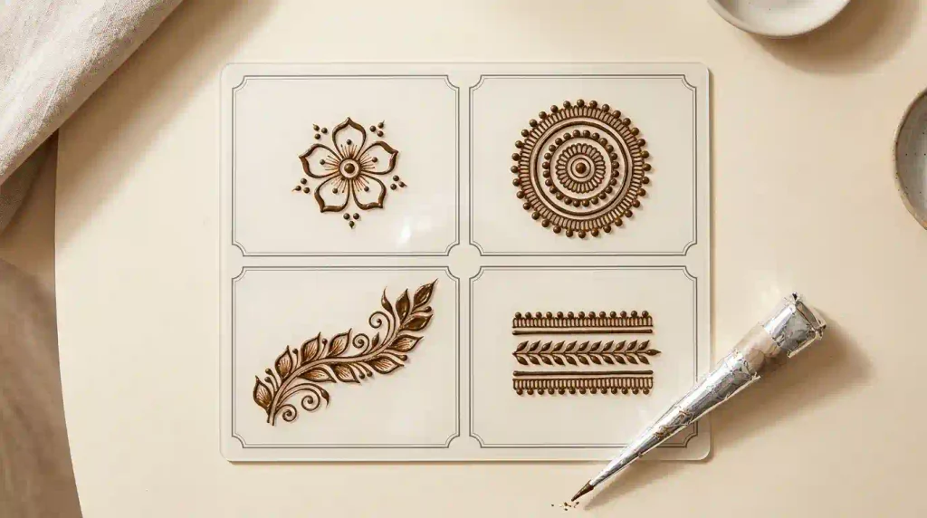 Simple mehndi design tutorial featuring flowers, round tikki, leafy bail patterns, and finger-only henna
