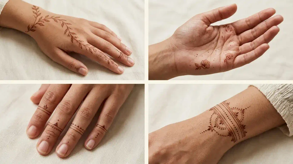 Simple mehndi designs showing leafy vines, small rose motifs, geometric finger henna, and wrist bangle patterns