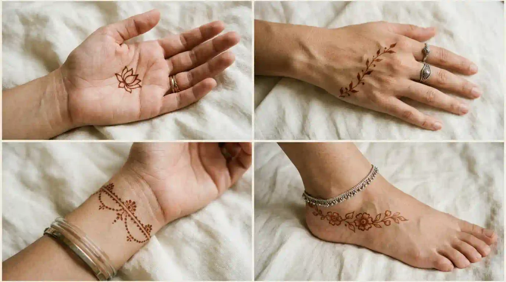 Small mehndi designs for palms, back hands, fingers, wrists, and feet with minimalist floral and leafy patterns