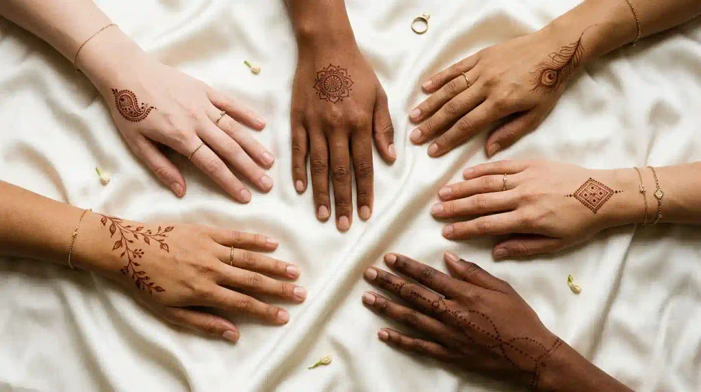 Small mehndi motifs featuring floral vines, paisleys, lotus mandalas, peacock feathers, geometric patterns, and finger chains