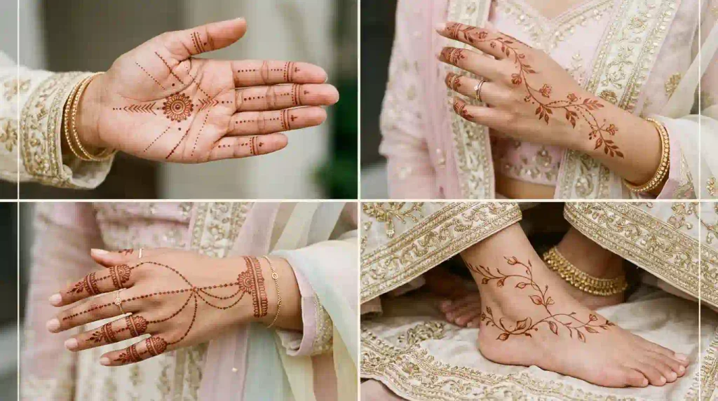 Stylish modern mehndi designs for front hands, back hands, fingers, wrists, and feet with floral and geometric motifs