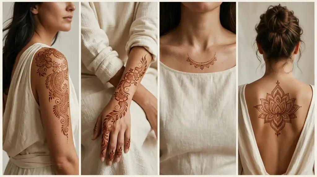 Traditional and modern body mehndi designs featuring paisleys, Arabic vines, lotus mandalas, and half-moon henna patterns