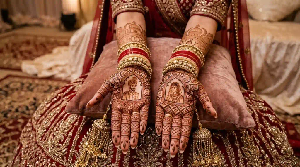 Unique bridal mehndi designs with personalized portraits, hidden initials, royal arches, and detailed wedding henna patterns