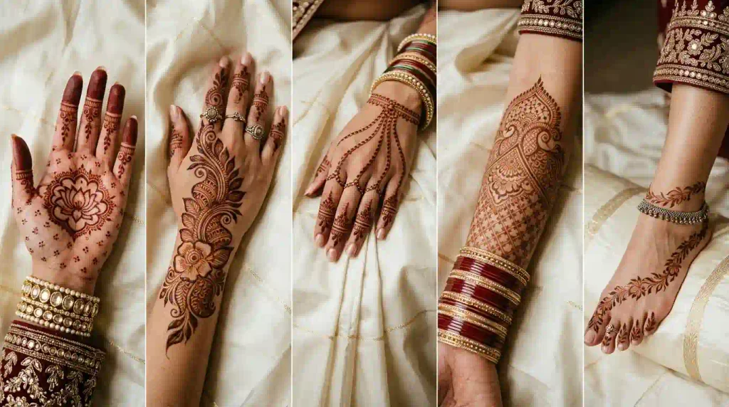 Unique mehndi designs for palms, back hands, fingers, wrists, forearms, and feet with creative floral and ornamental patterns