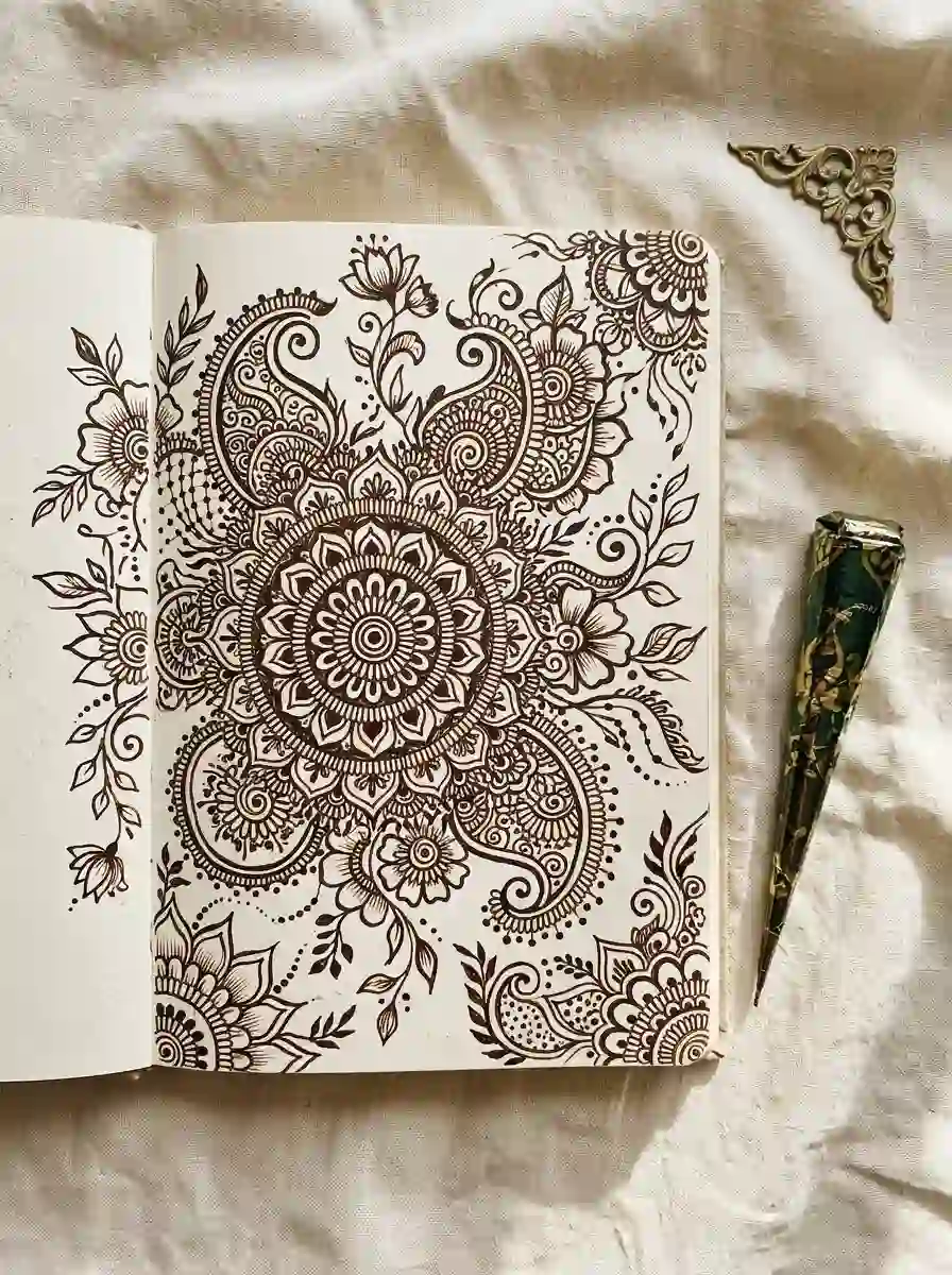 Open sketchbook with henna-inspired floral, paisley, and mandala motif drawings