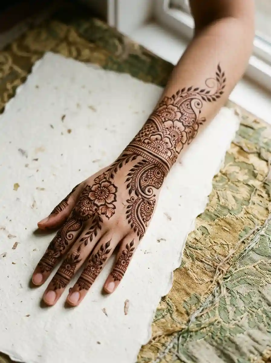 Intricate henna linework and floral mehndi art on a hand