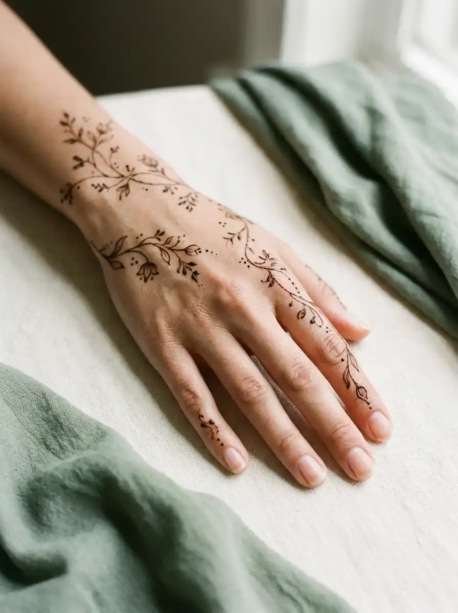 Delicate henna floral linework arranged with open space on the back of a hand